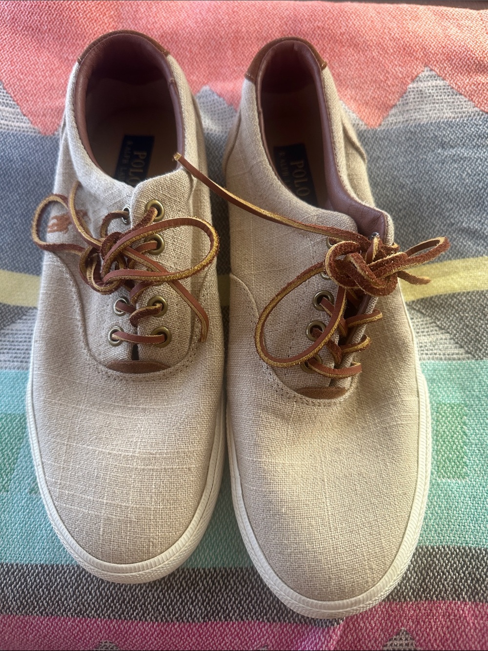 Polo by Ralph Lauren Beige Linen & Suede Boat Shoes with Brown Leather Laces 8.5